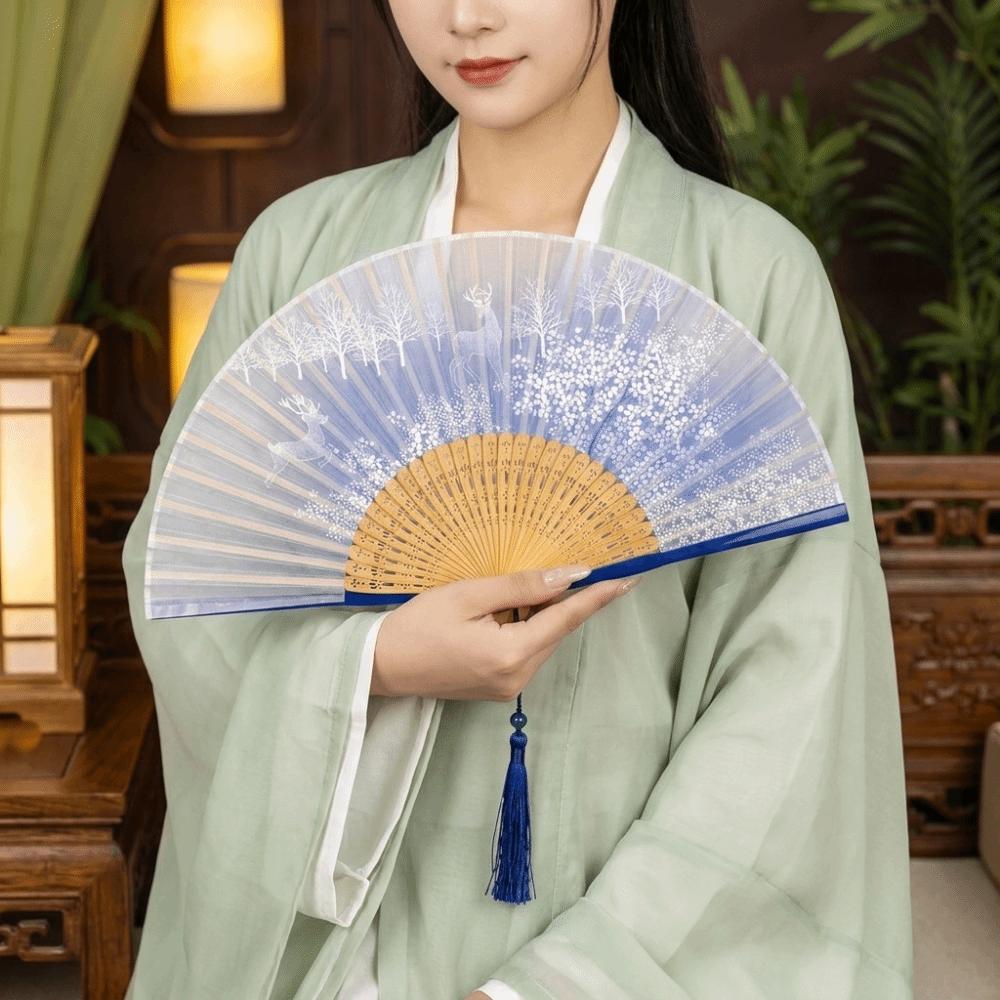 Chinese Ancient Style Portable Folding Fan Classical Wooden Handle Dancing Fan with Tassels Traditional Decorative Fan