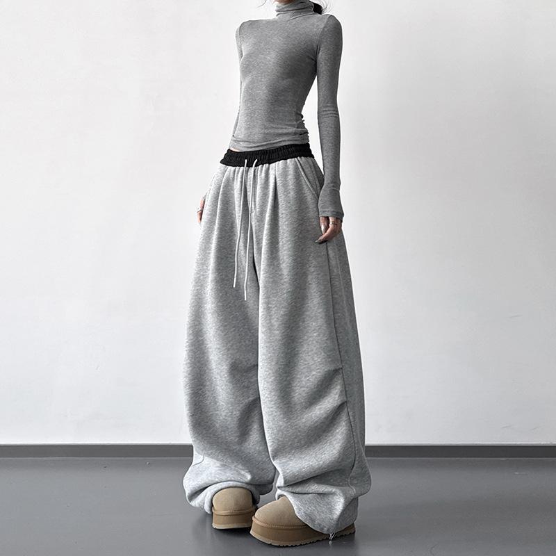 

Women s 2025 Winter Grey Velvet Wide-Leg Sweatpants with Drawstring – Casual Loose Fit Extra Large серый