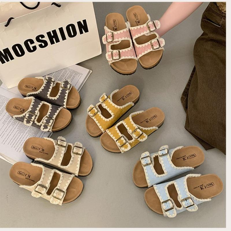 Cowhide version~ sponge cake thick-bottomed one-word slippers for women's summer wear, summer cork beach cool slippers