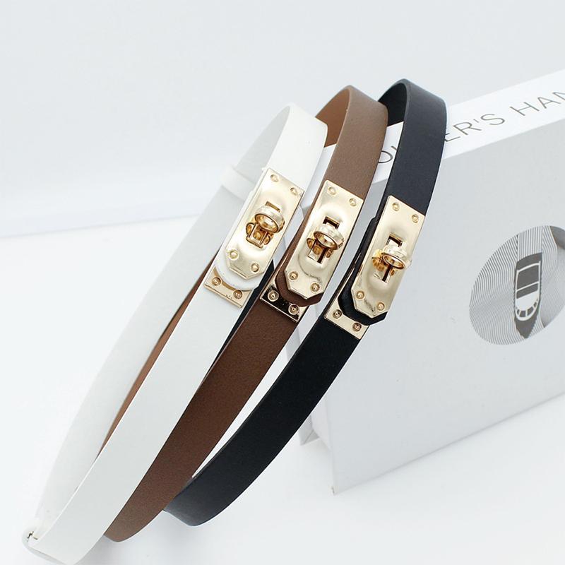 Adjustable Thin Belt Luxury Pu Leather Female Designer Girdle Metal Turn-Lock Waist Belt For Jeans Dresses