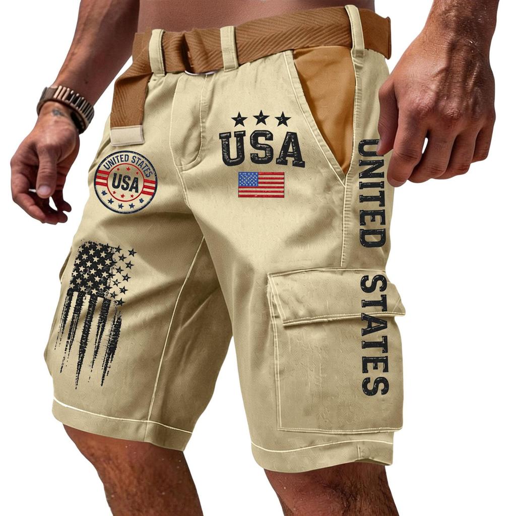 Pantaloncini Cargo Casual da Uomo Multi Tasche con Ricamo e Stampa Bandiera Tessuto Leggero Resistente Adatti per Attività all'Aperto