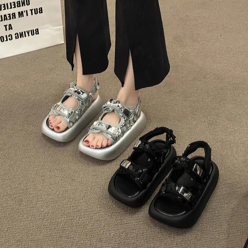 Summer Women's Sequin Sandals Convenient Velcro Muffin Thick Bottom Open Toe One Buckle Strap Sport Sandals Casual Beach Shoes