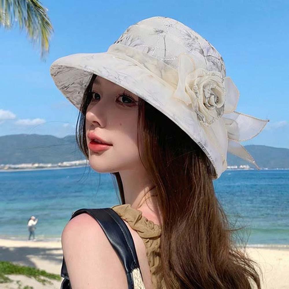 Portable Floral Fisherman Hat Breathable Sunscreen Basin Hat Thin Bow Sunshade Cap Women