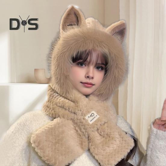 Women Winter Integrated Hat And Scarf Thick Fleece Warm Cartoon Fox Ear Decor Windproof Full Protection Outdoor Travel Cold Weather Snowboarding