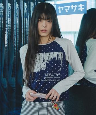 Mihebeu Star Mark Raglan Long Sleeve T-Shirt Navy White Melange