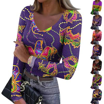 Women's Winter Slim-Fit Base Layer T-Shirt Fashionable  Print V-Neck Pullover Long-Sleeved Top