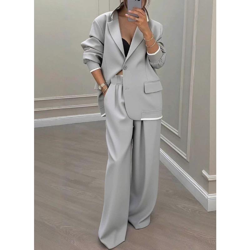 Dames Pantalonsuit Los Effen Kleur Herfst Winter Lange Mouwen Revers Wijde Pijpen Broek Tweedelig Pak