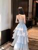 French Blue Glossy Camisole Cake Dress for Girls: Waist-Cinching, Slimming, Perfect for Birthdays & Beach Vacations