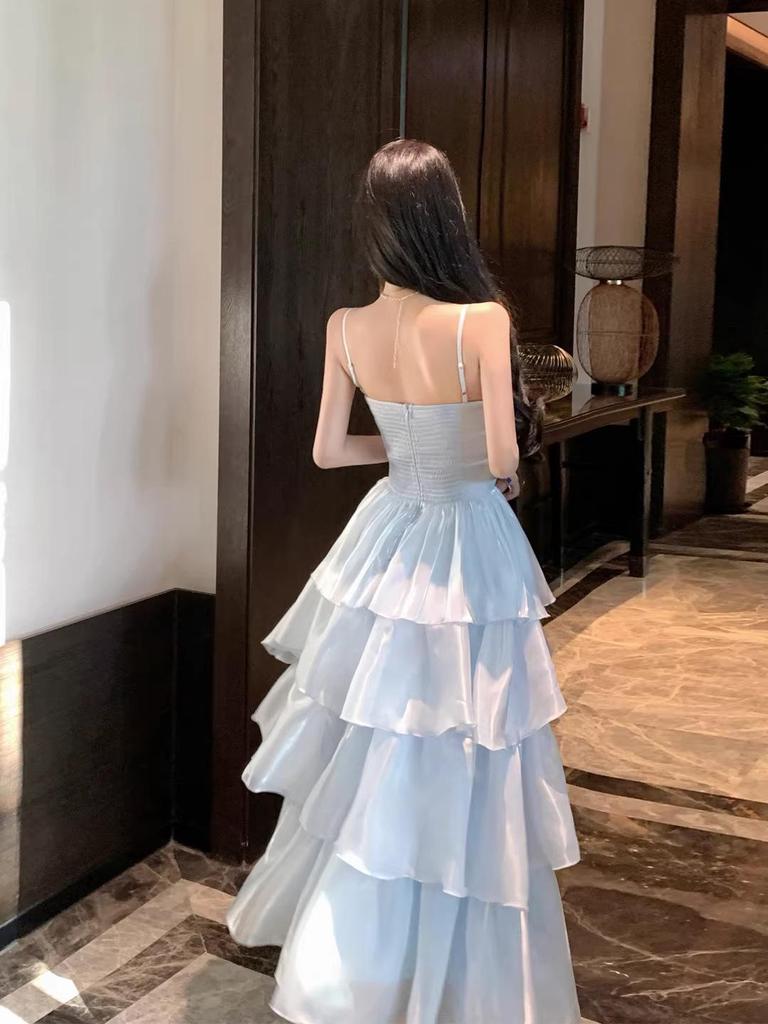 French Blue Glossy Camisole Cake Dress for Girls: Waist-Cinching, Slimming, Perfect for Birthdays & Beach Vacations