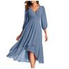 Damen Elegantes Abendkleid Lange Ärmel Plissiert Rüschen Knielang Hübsch aus Chiffon Marineblau Hochzeitsgastkleider