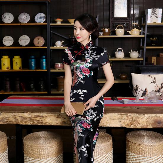 Peacock Print Women Chinese Long Cheongsam Bridesmaid Short Sleeve Evening Dress