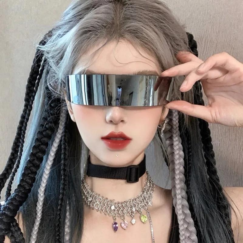 Y2K Rimless Sunglasses One Piece Lens Wrap Around Cyber Punk Futuristic Unisex Hip Hop Party Sun Glasses