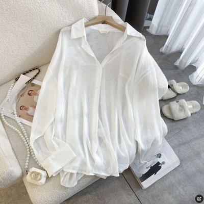 Womens Summer Loose Fit Shirt Ice Silk Print Long Sleeve Open Front Casual Blouse Lightweight Outwear