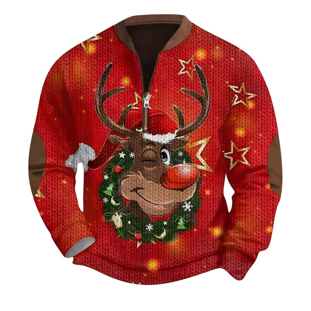 Mens Christmas Sweater Zip Up Sweatshirts Vintage Knit Graphic Sweatshirt Xmas Stand Collar Pullover