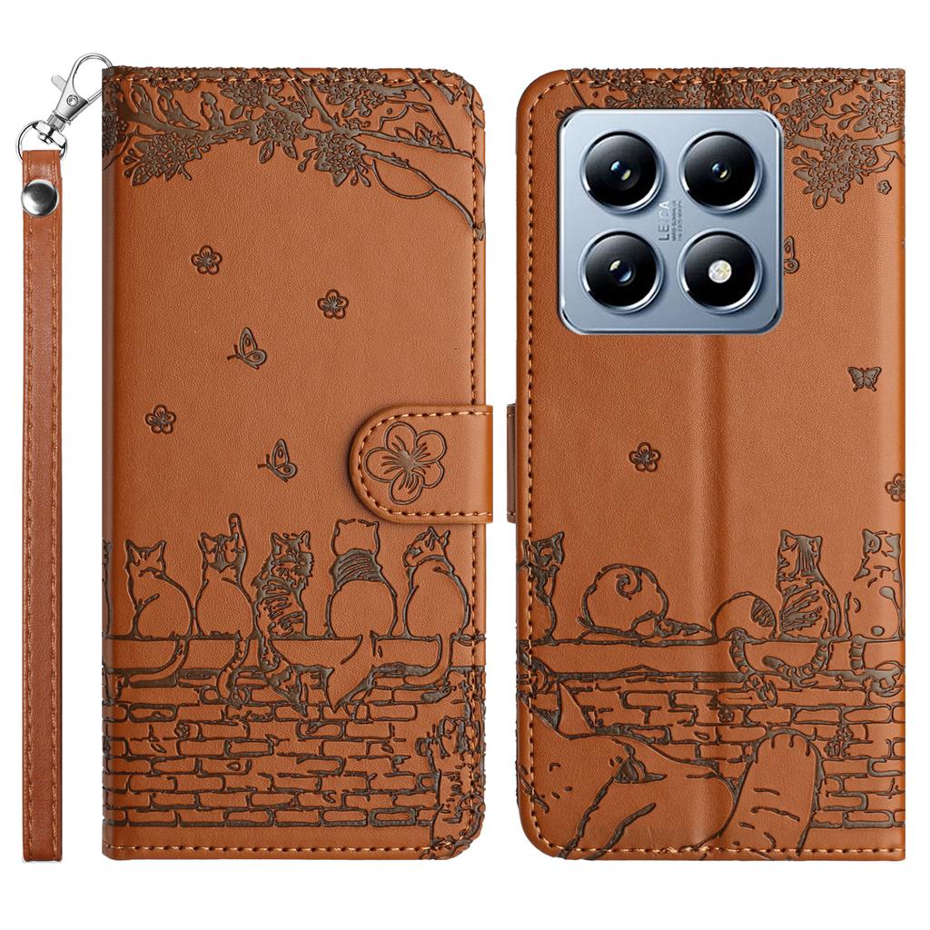 For Xiaomi 14T Pro Case with Wrist Strap Leather Phone Cover Wall Cats Pattern