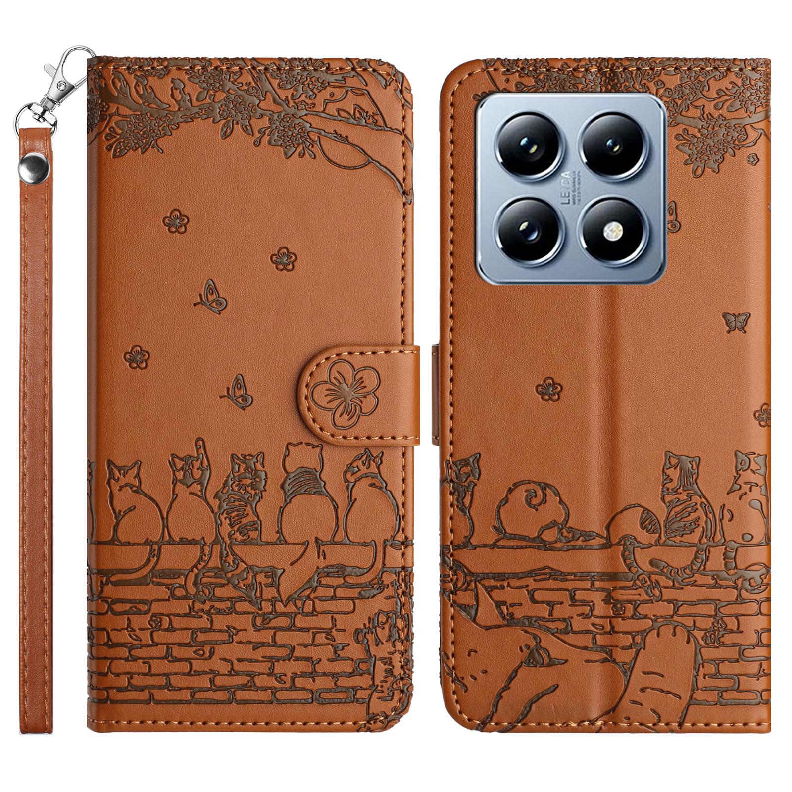 

For Xiaomi 14T Pro Case with Wrist Strap Leather Phone Cover Wall Cats Pattern Brown
