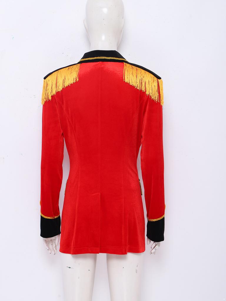 Women Circus Master Outerwear Velvety Lapel V Neck Double-breasted Coat with Gold Lace Tassel Epaulet for Halloween Rave Party
