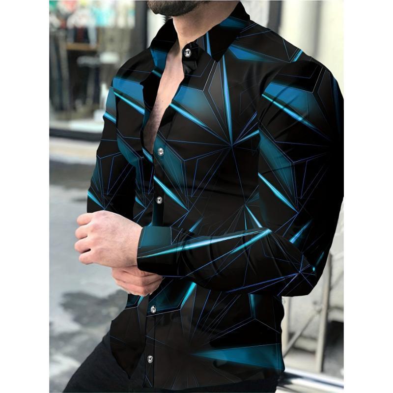 Men's Printed Long Sleeve Button Down Shirts Turn Collar Nightclub Casual Camisas Hombre Plus Size Streetwear Fashion Top