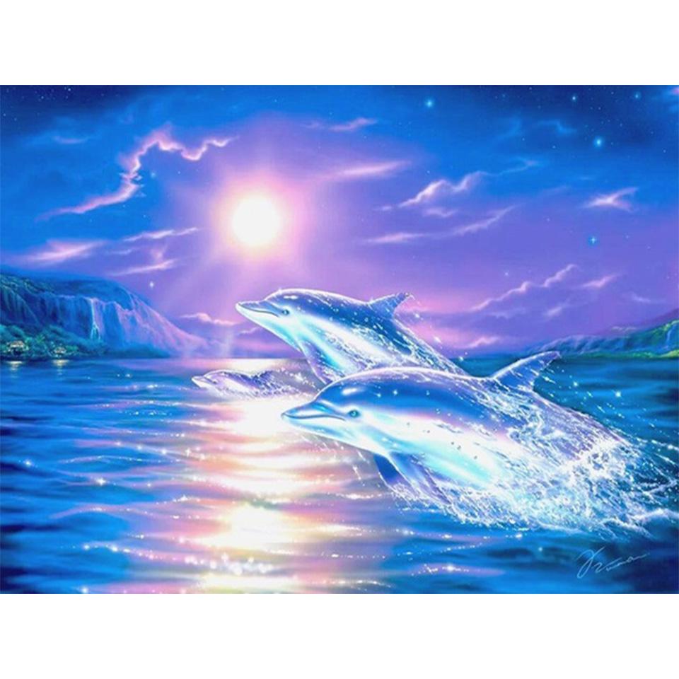 5D DIY Diamond Painting Full Round Animal Dolphin Diamond Embroidery Painting Cross Stitch Kit Home Decoration Rhinestone Gift