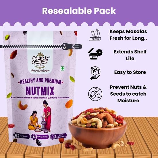 Saatyaki Naturals Premium Nut Mix - 200gm | Healthy Snack with Almonds, Cashews, Raisins, Pistachios & Walnuts | Protein & Fiber Rich Trail Mix