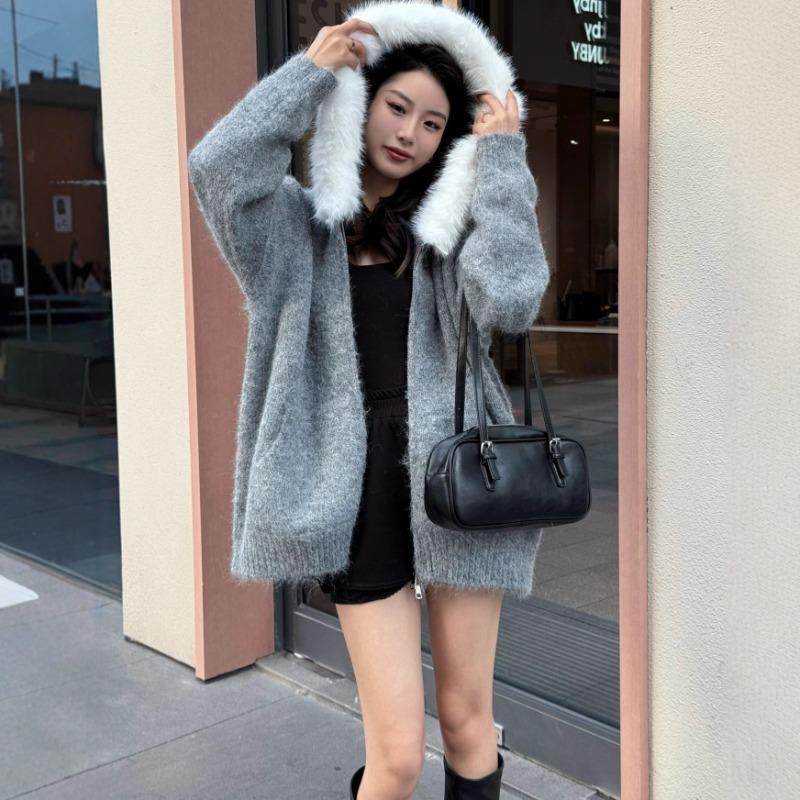Autumn and Winter New Fashion Hooded Fur Collar Knitted Cardigan Women's Clothing Loose Casual Lazy Sweater Jacket