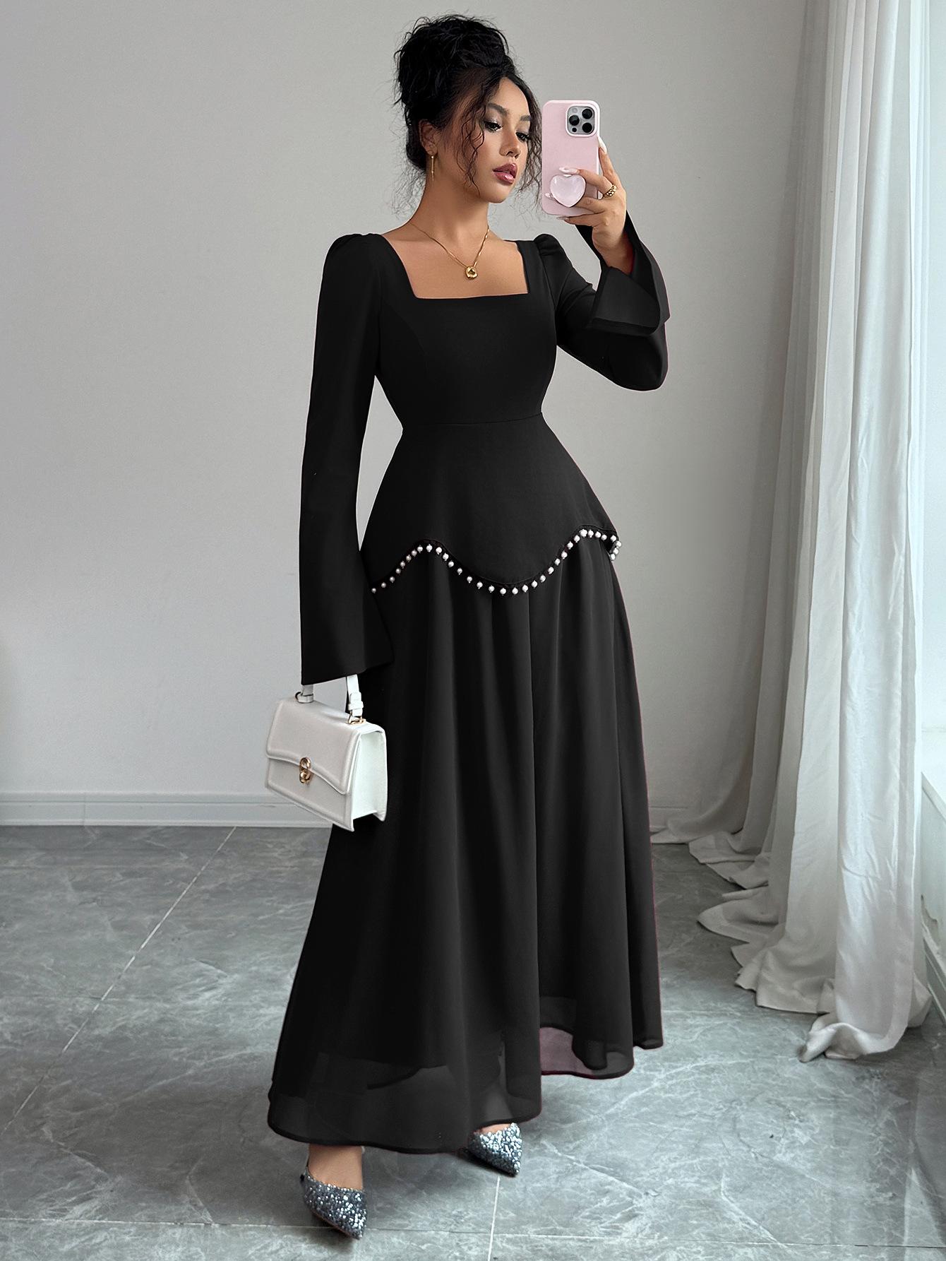 2025 Cross-border Europe Elegant Long Sleeve Evening Gown - Women s Autumn Winter Dress S чёрный