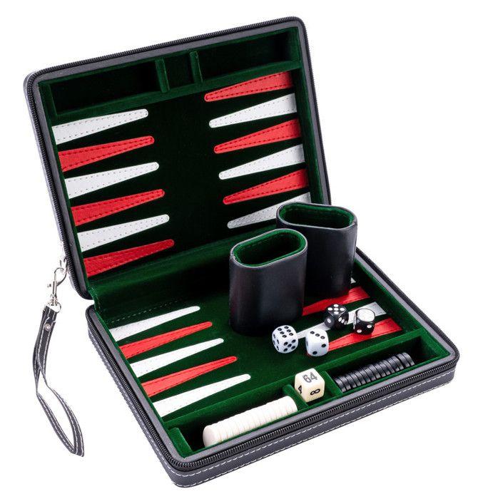 Pochette de jeu Backgammon de voyage 9" Similicuir rouge - fermeture Zip - Interieur feutré: vert/rouge/blanc - 250502