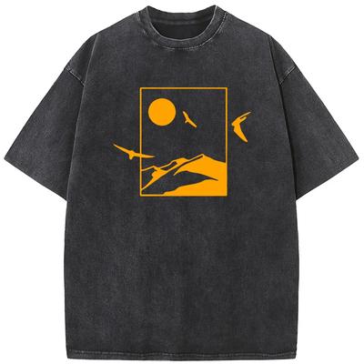 Geometric Mountains Men's Bleach Shirt Vintage Washed T-Shirt Tops Summer Casual Cotton O-Neck Tees Bleached Tshirt