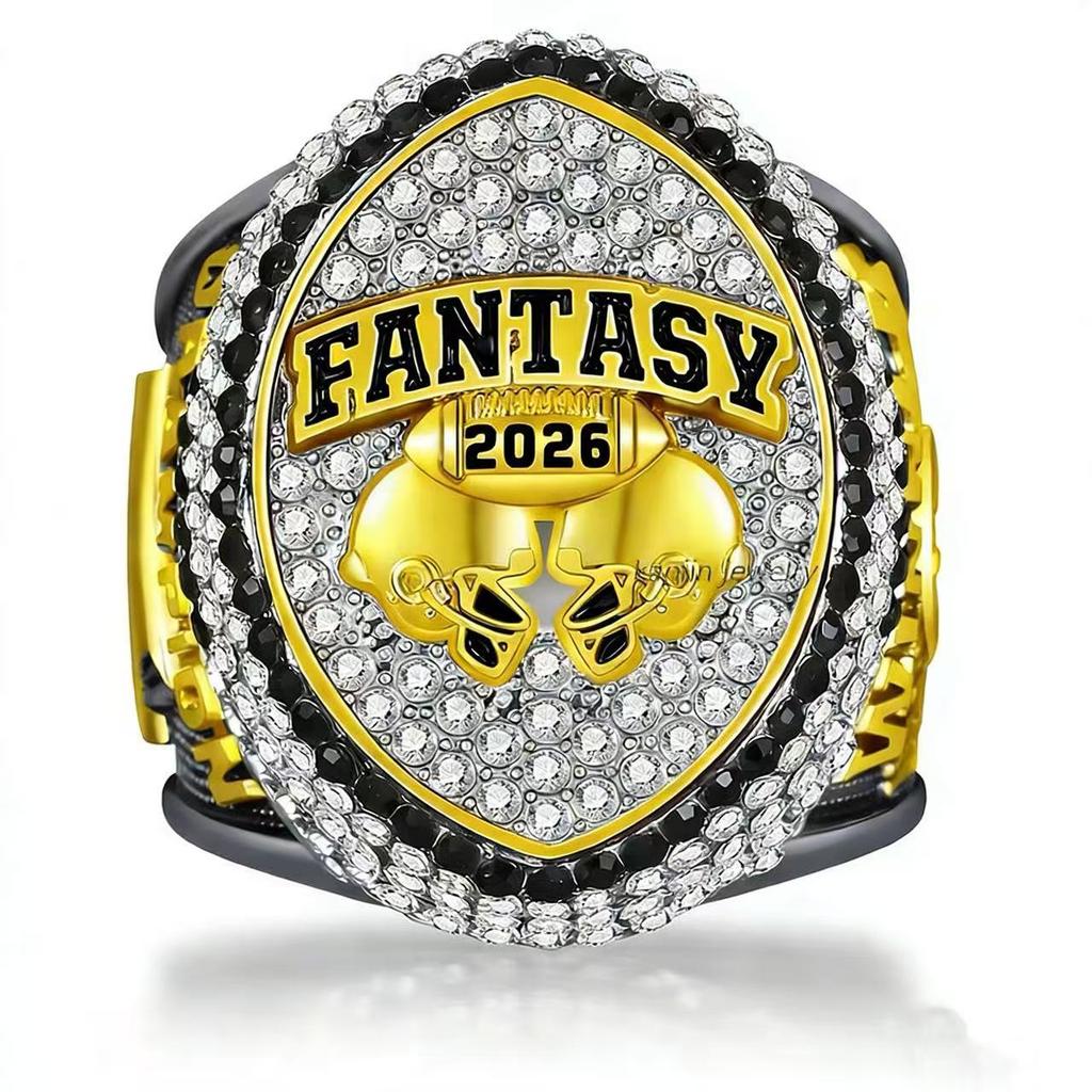 2026 Fantasy Football Championship Ring Classic Alloy Two-Tone Gold Black Rhinestone Fantasy League Winner Trophy Custom Name