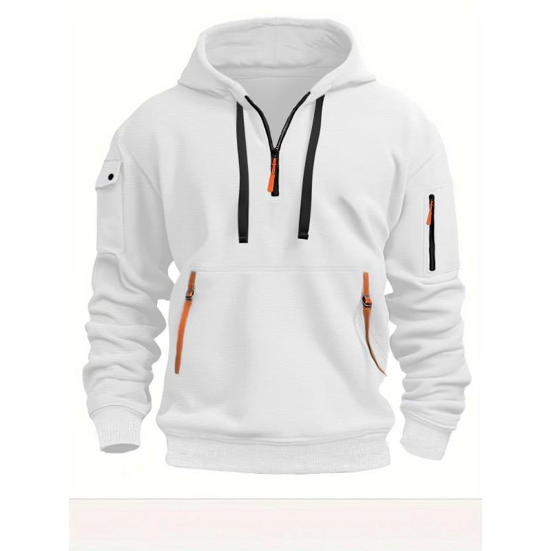 Mens Fleece Hooded Sweatshirt With Zipper Detail Solid Color Casual Long Sleeve Pullover Winter Outerwear
