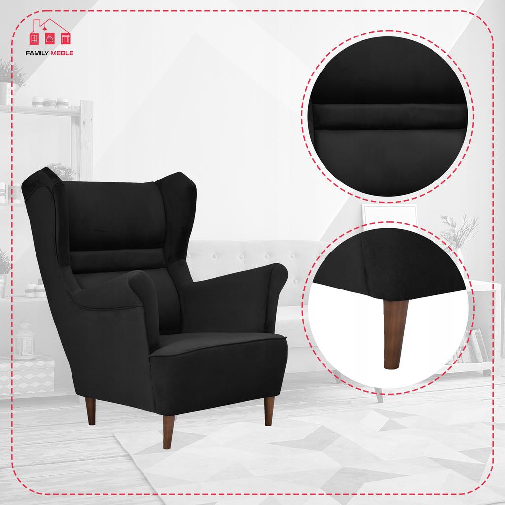 Zoja Scandinavian Family Meble Wing Chair, Black Velvet, Shading