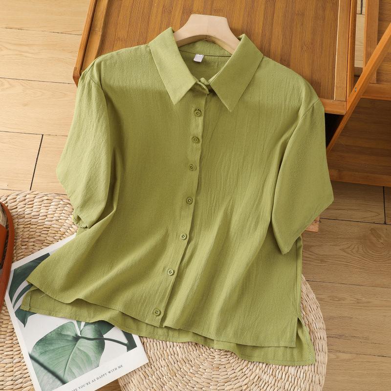 1116 stone polished linen shirt women's lapel short-sleeved solid color top temperament shirt