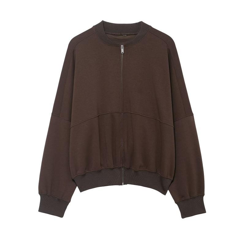 ZA 2026 Womens Casual Slim Fit Zip Up Jacket Solid Color Round Neck Long Sleeve Top