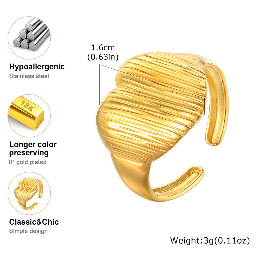 Brushed Stainless Steel Heart Ring for Women,Gold Plated Open Adjustable Finger Rings,Vintage Jewelry Gifts
