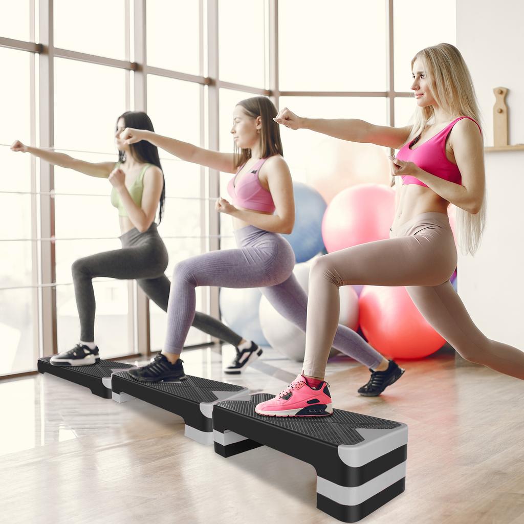 Aerobic Exercise Step Adjustable Stepper Platform for Step Up, 68.5cm/27" Step Deck with 10cm/4",15cm/6",20cm/8" Adjustable Height Risers (Gray)