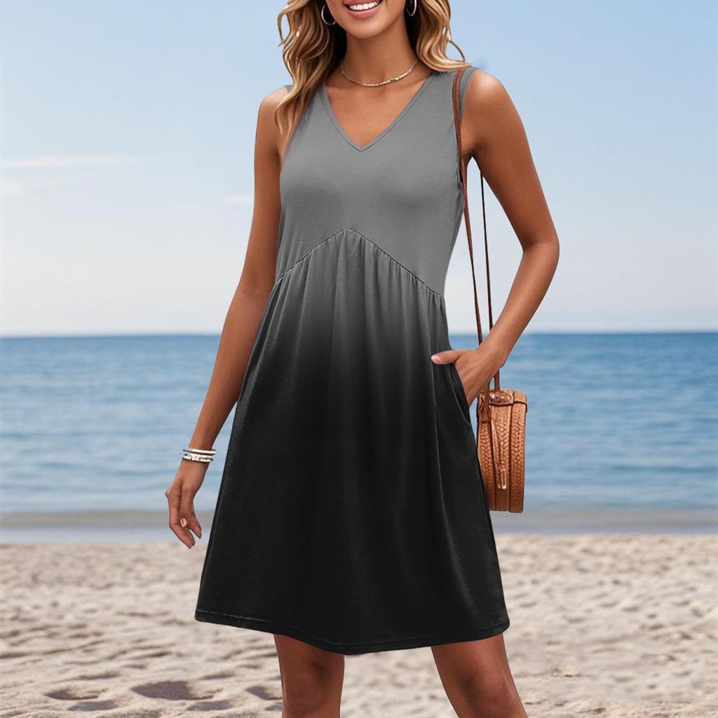 Women's Summer V-neck Casual Beach Vacation Style Gradient Sleeveless Patchwork Dresses