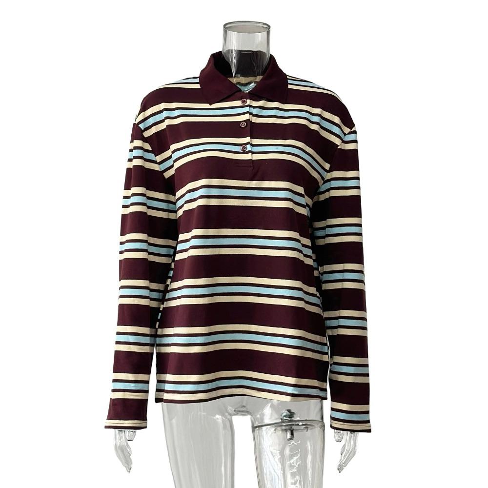 European, American, top, spring long-sleeved American retro contrasting color striped polo shirt collar loose T-shirt women s clothing S