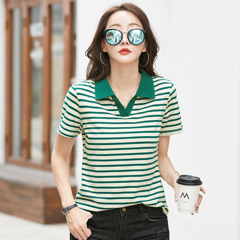 Summer Women's T-shirt POLO Collar Striped Lapel Comfortable Casual Short Sleeve T-shirt