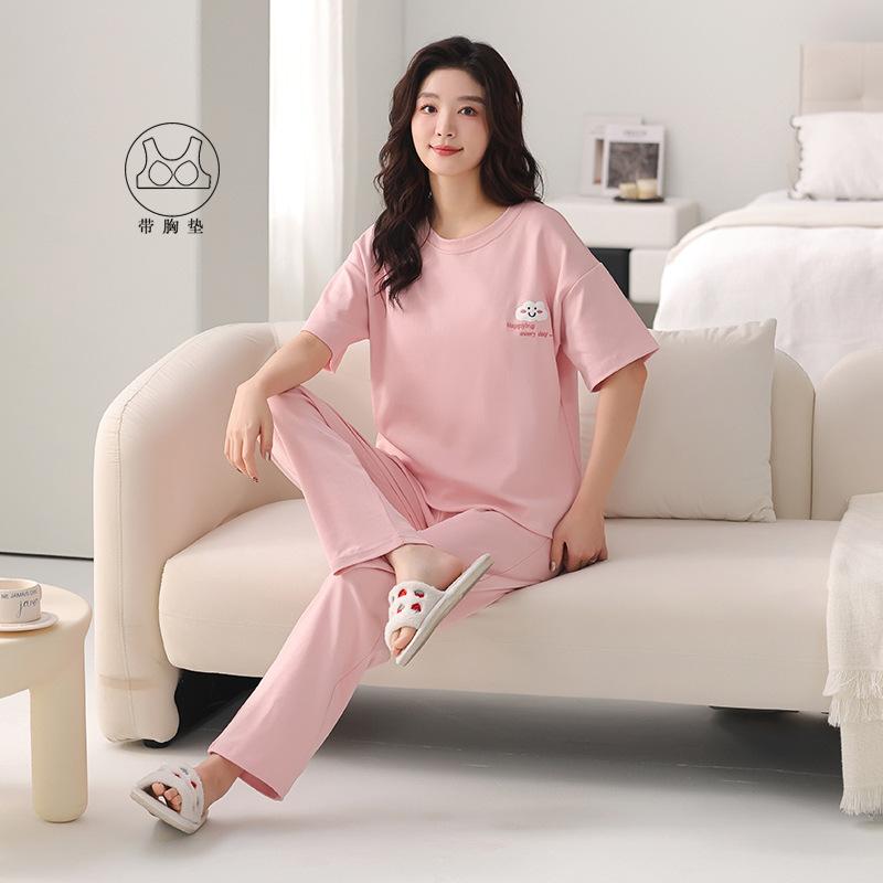 Pajamas women's summer pure cotton 1011 new models with chest pads, short sleeves, shorts, simple pullover, can be worn outside, loungewear set