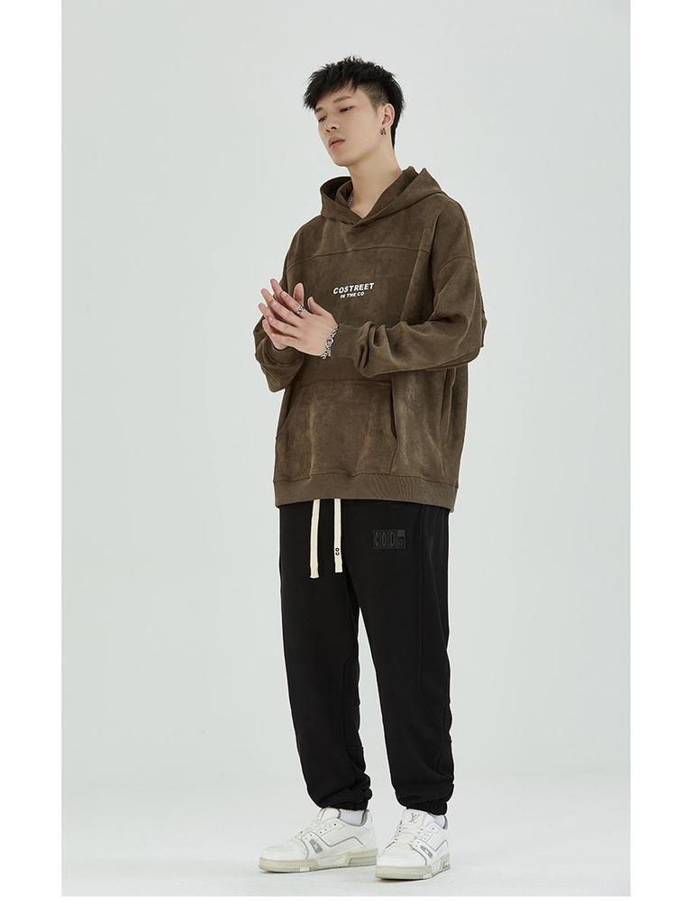 Mr. Cotton Men's Trendy Suede Plush Hooded Sweatshirt, Heavyweight 380g, Loose Fit, Long Sleeve, Printed Design.