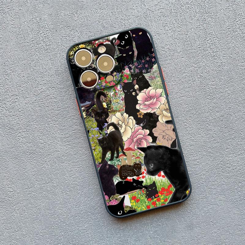 Retro Black Cat White Kitten Illustration Phone Case For iPhone 17 16 15 14 13 11 12 Pro Max Mini 15 16 Plus Case Cute Cartoon