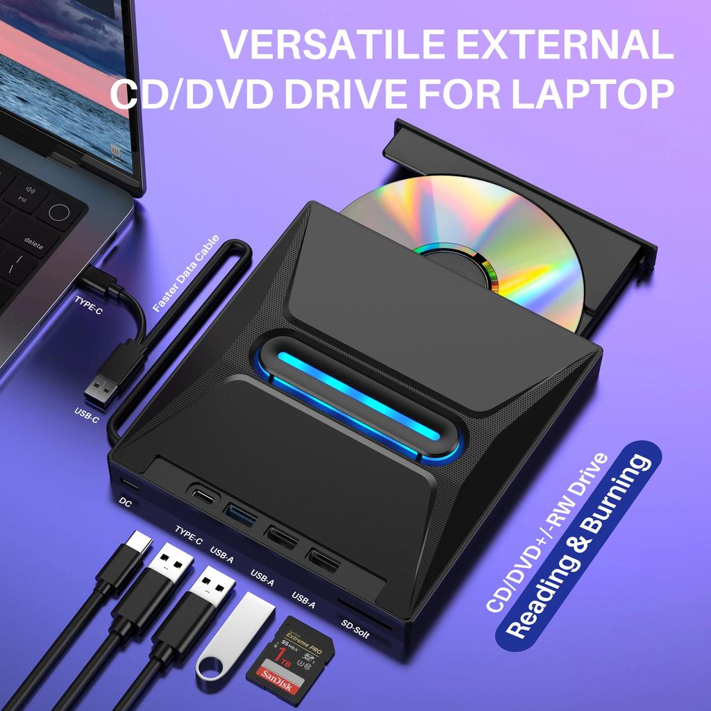 External CD DVD Burner CD ROM Burner CD/DVD+/-RW Drive SD Card Reader Optical Drive DVD Player Hub for Laptop Desktop