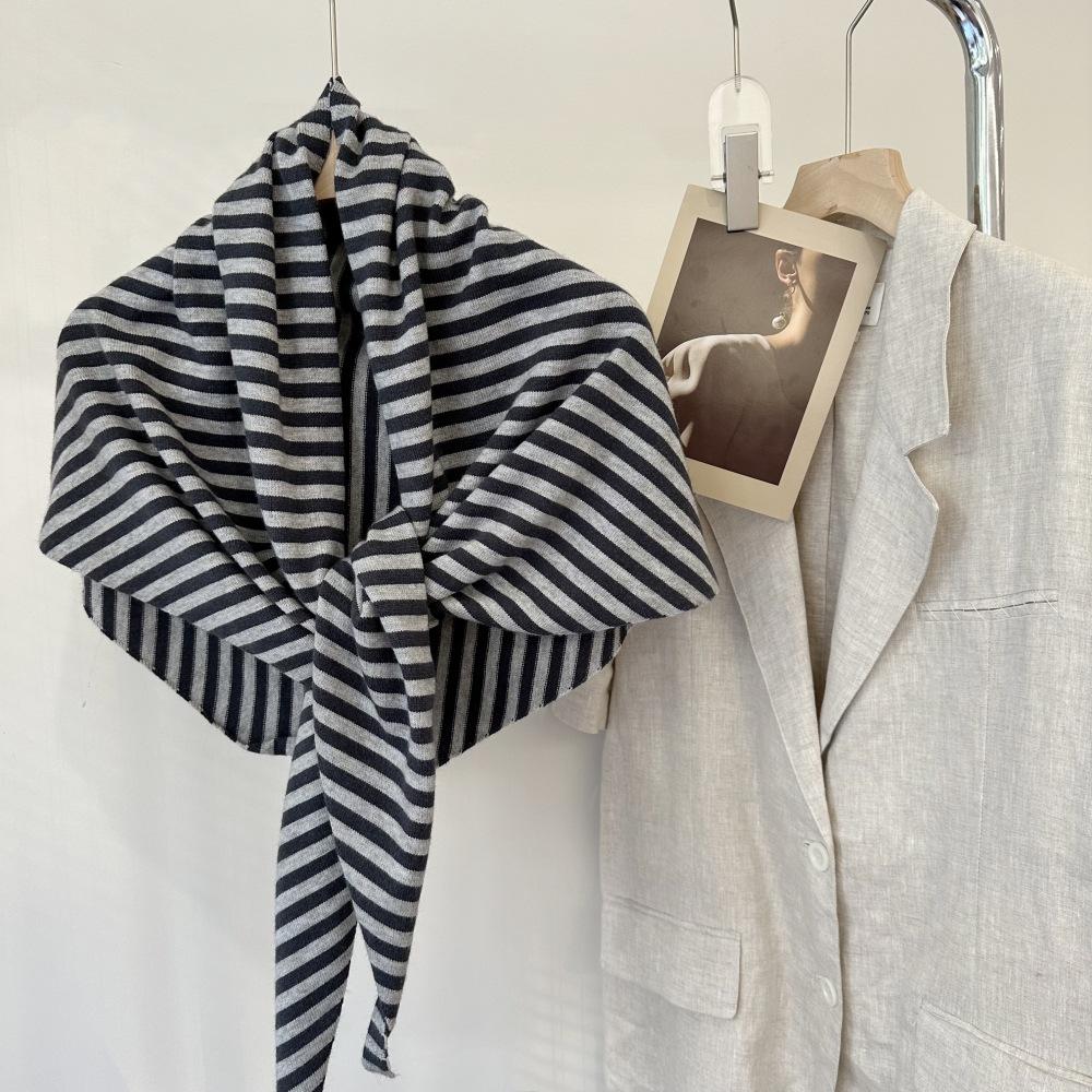 Cross-Border Wool Striped Shawl Enlarged Autumn And Winter Warm Triangle Scarf Knitted Women'S Knotted Shoulder Scarf