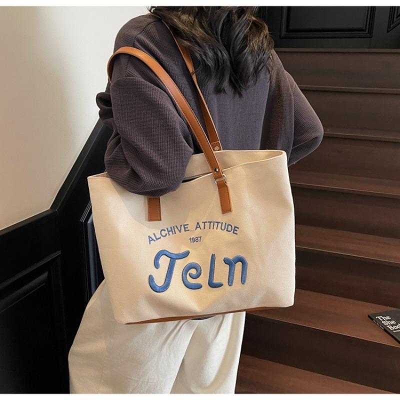 Canvas bag, letter embroidery tote bag, student commuting large capacity shoulder bag, literary shopping bag