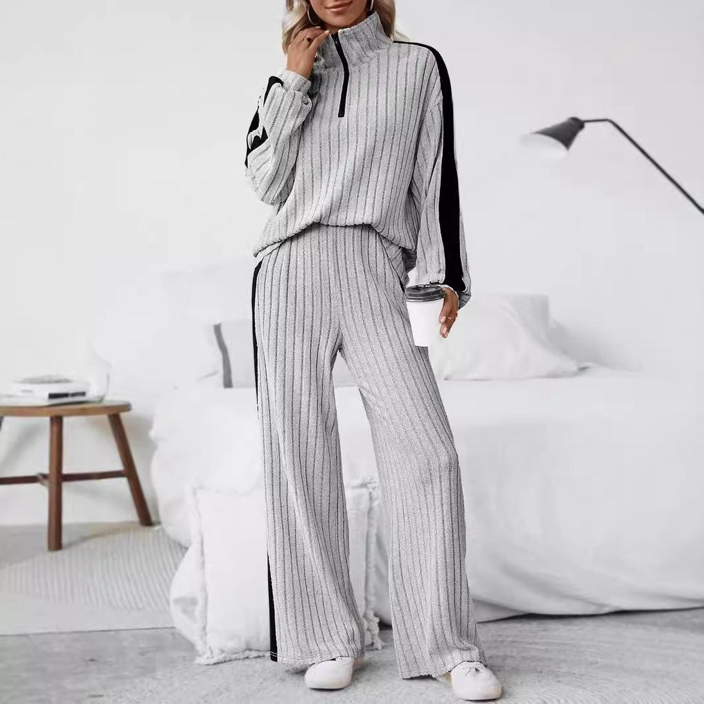 Women's Two Piece Tracksuit Long Sleeve Half Zip Knit Top High Waist Wide Leg Pants Lounge Suit