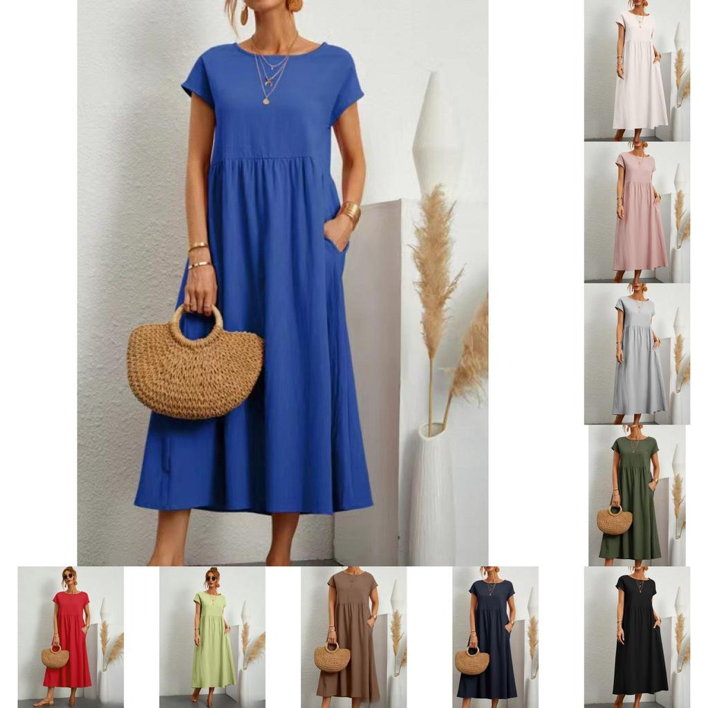 Minimalistisches Baumwoll-Leinen-Kleid mit Taschen für den Frühling, Freizeitkleidung