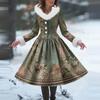 Women's Casual Dress Long-Sleeve V-Neck Patchwork Fleece Christmas Print Dress