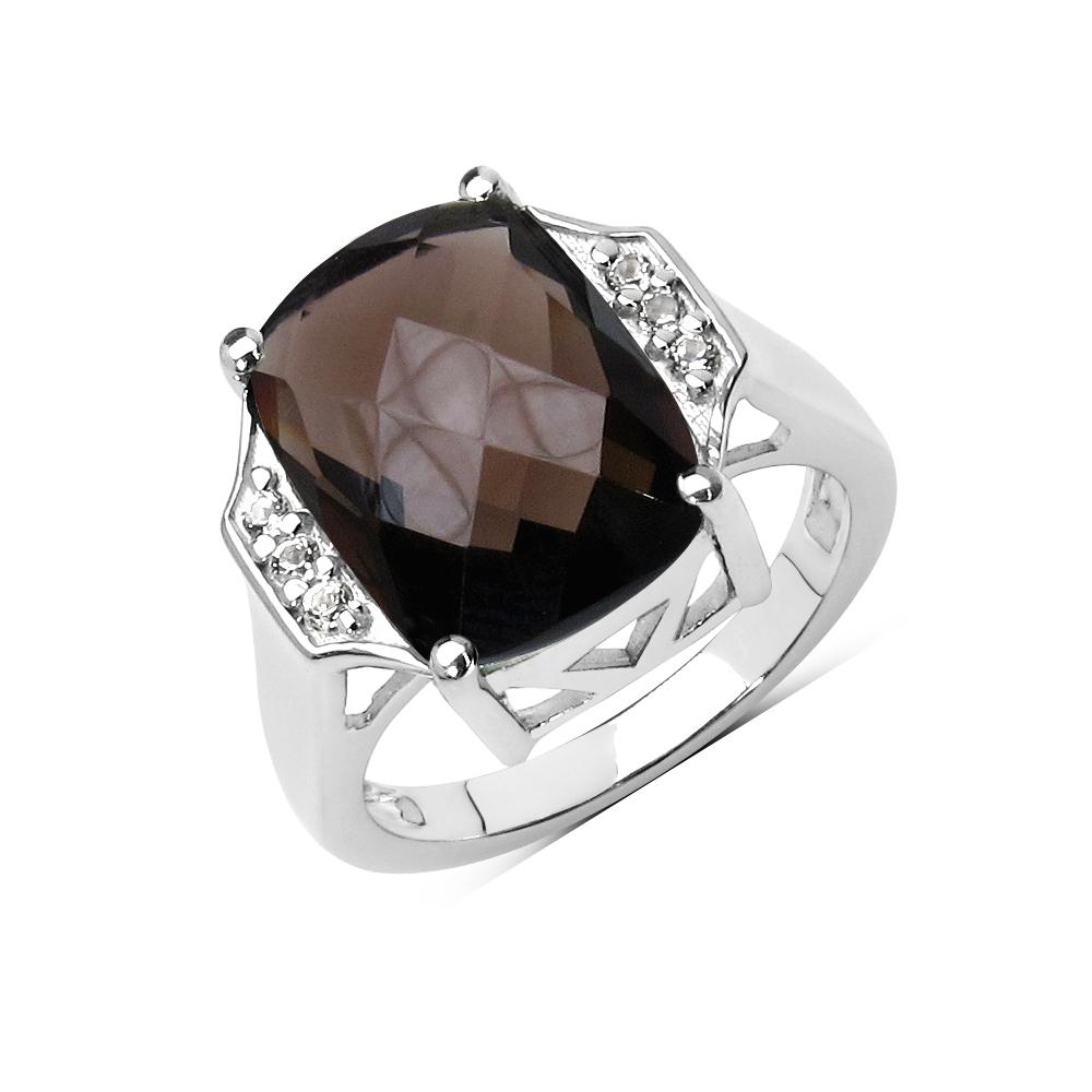 

Smoky Quartz & White Topaz Ring 925 Sterling Silver Rhodium Plated Cushion Gemstone Ring for Women 6 срібний