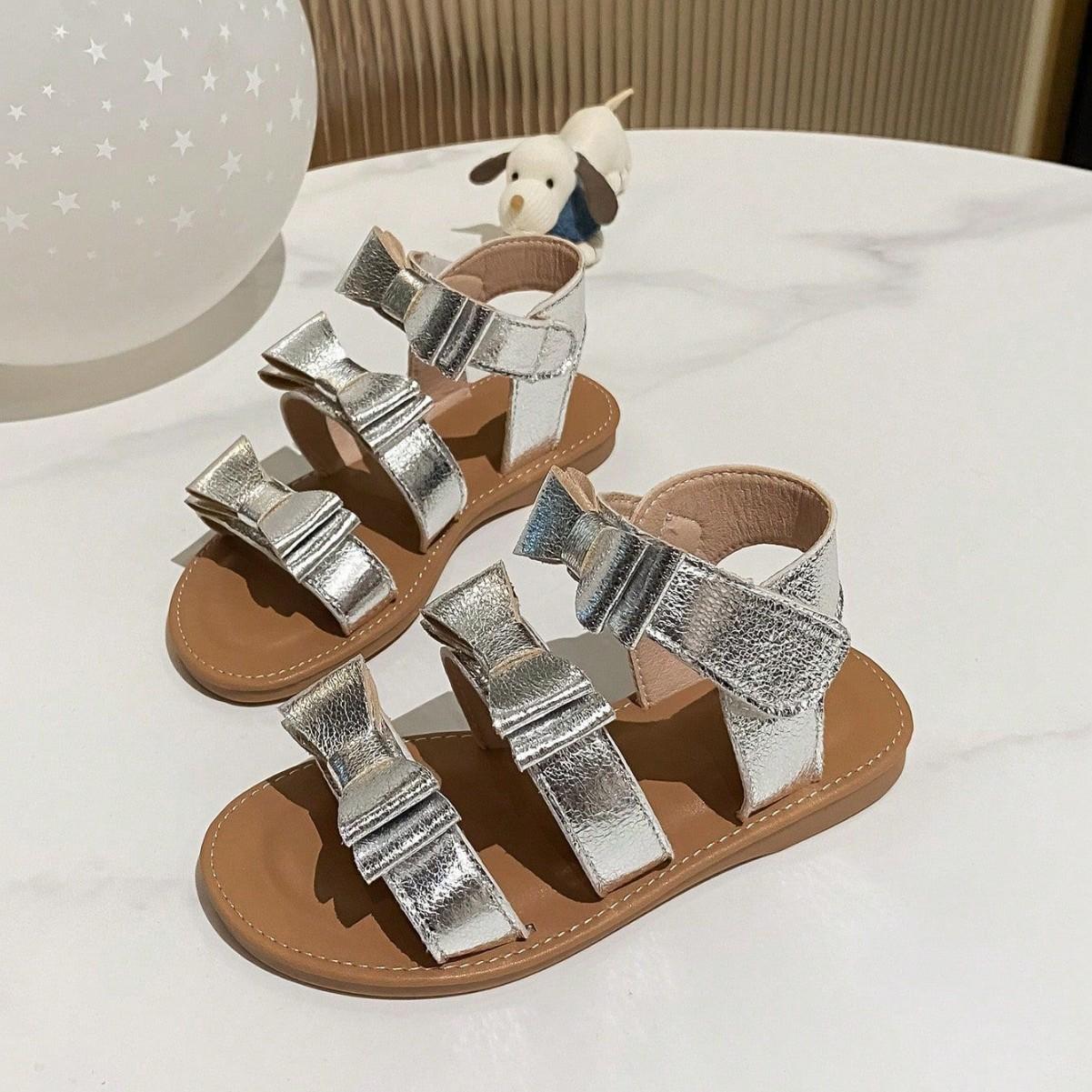 

Sandals for Girls 2025 Summer New French Bow Gril Shoes Simple Kids Shoes Soft Sole Beach Shoe Fashion Women s Sandals Tacones 20insole14cm серебряный