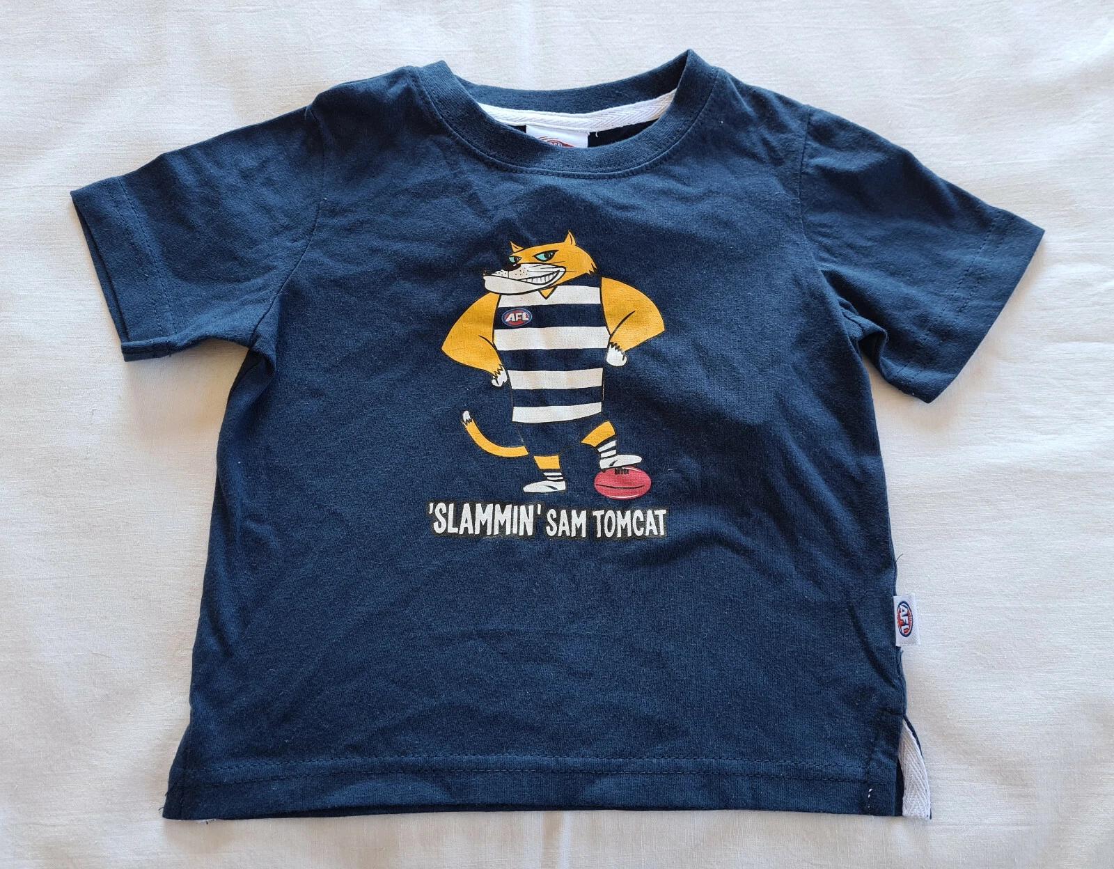 Geelong Cats AFL Boys Navy Blue Mascot Printed Short Sleeve T Shirt Size 0 New 4XL